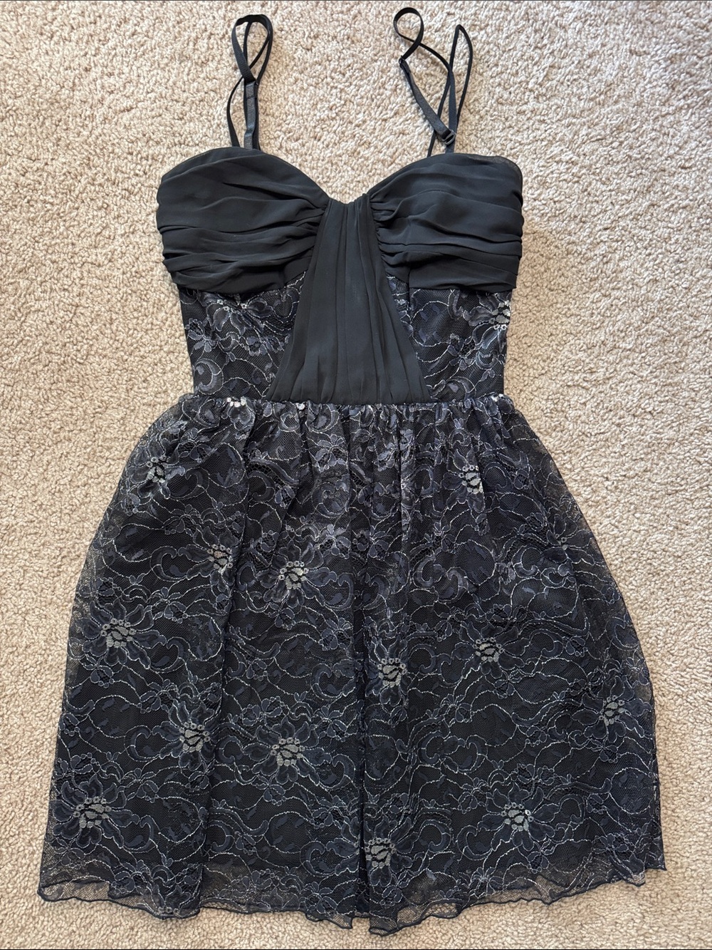 Black Lace Party Dress with Pleated Bodice
